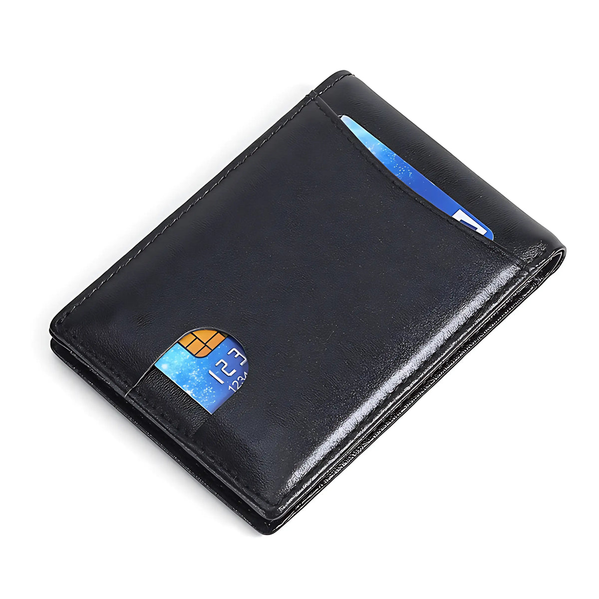 Carteira masculina preta de couro com bolso para cartão visível.