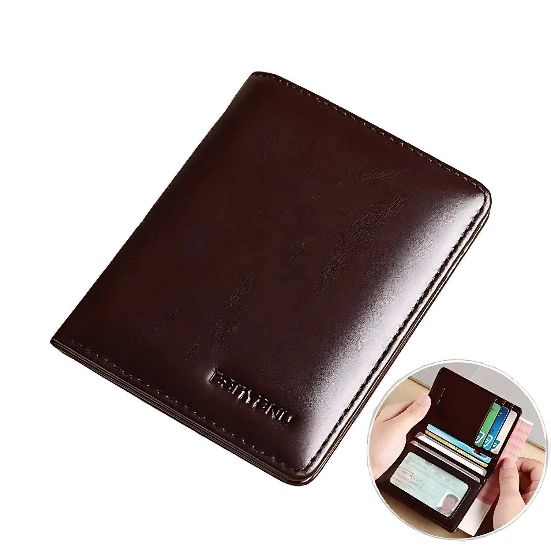 Carteira de couro marrom, proteção RFID, design elegante e funcional.