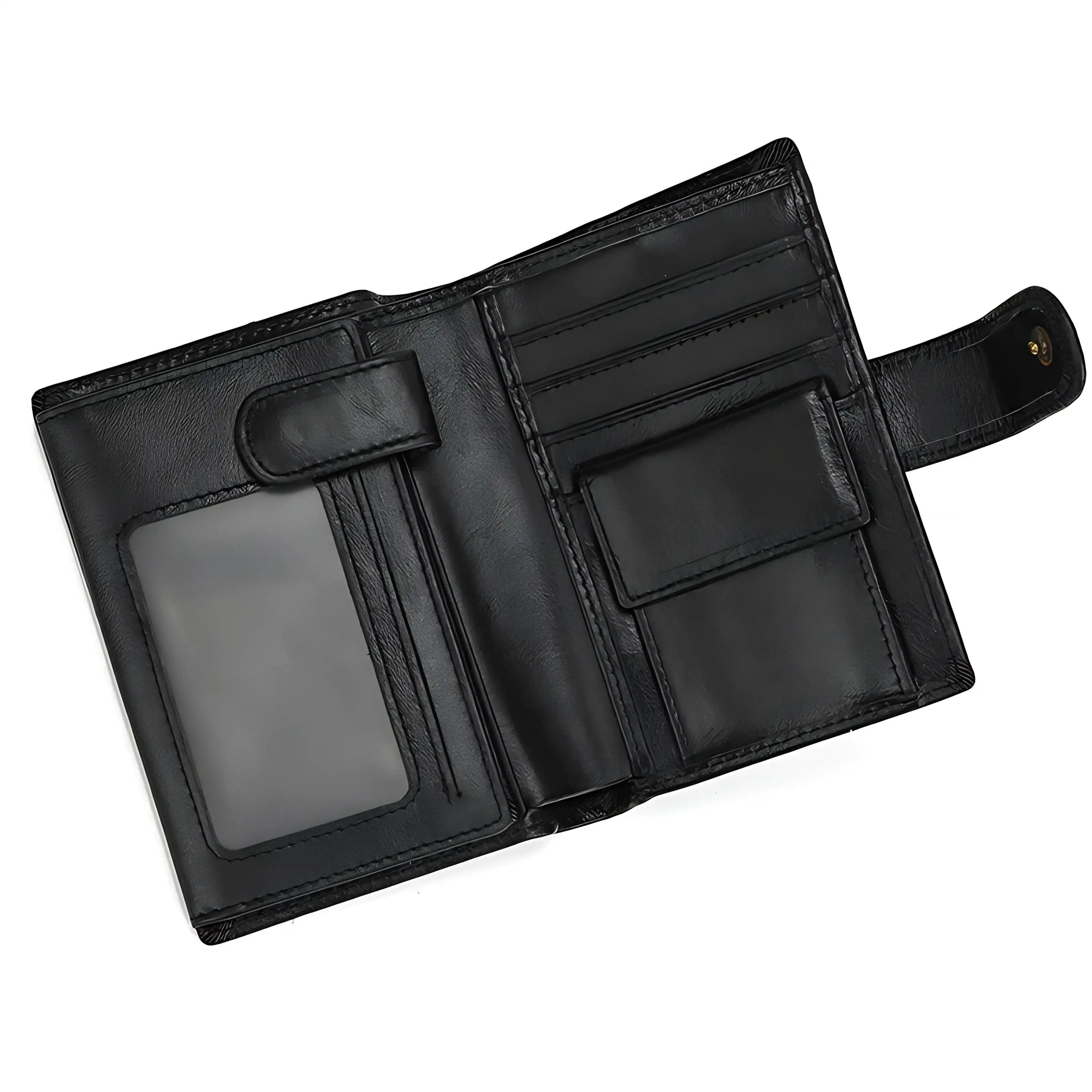 Carteira masculina de couro preta com compartimentos para cartões e documentos.