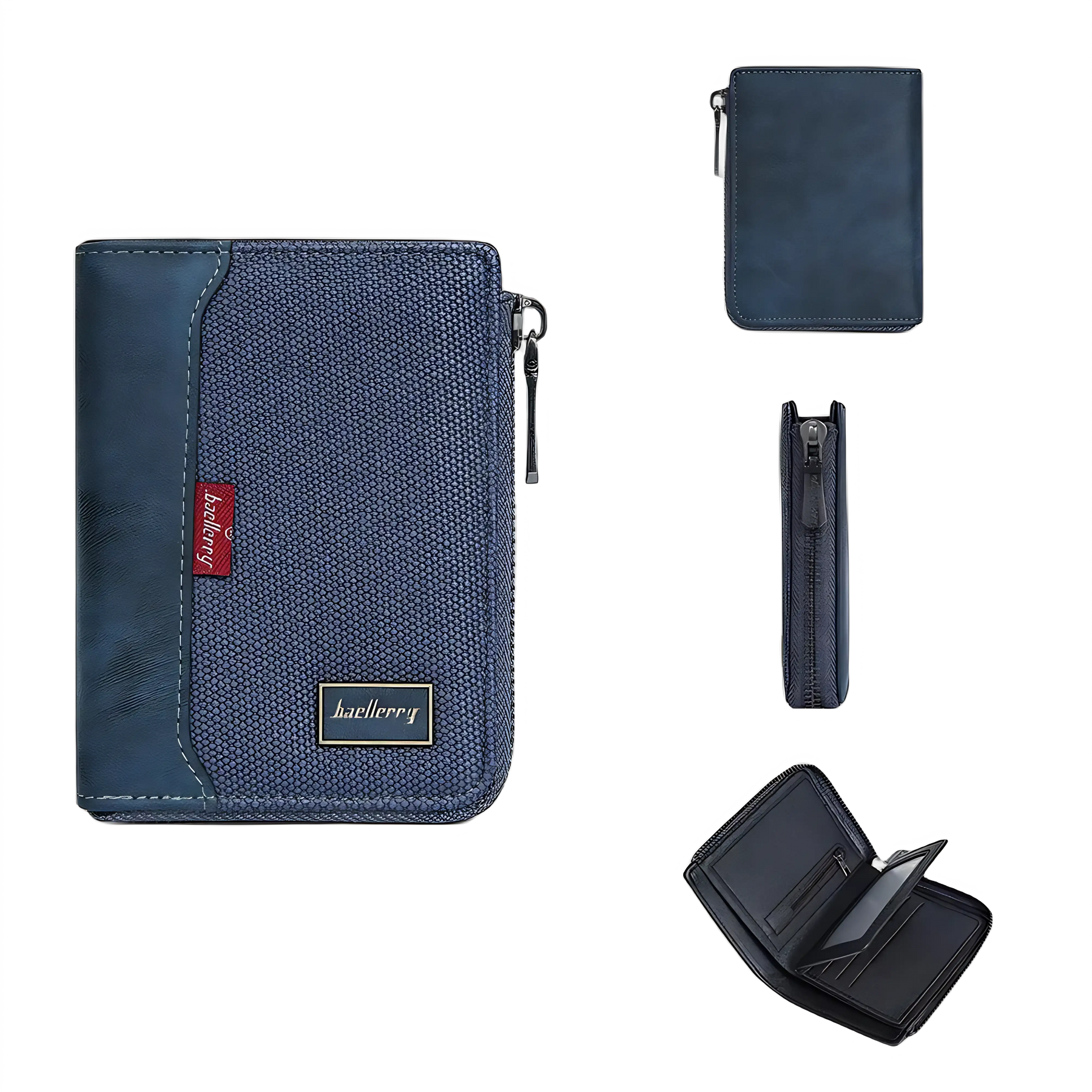 Carteira masculina azul, em material resistente, com zíper e compartimentos internos.