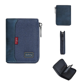 Carteira masculina azul, em material resistente, com zíper e compartimentos internos.