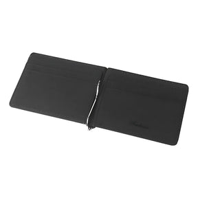 Carteira masculina preta, com espaços para cartões e fechamento prático.