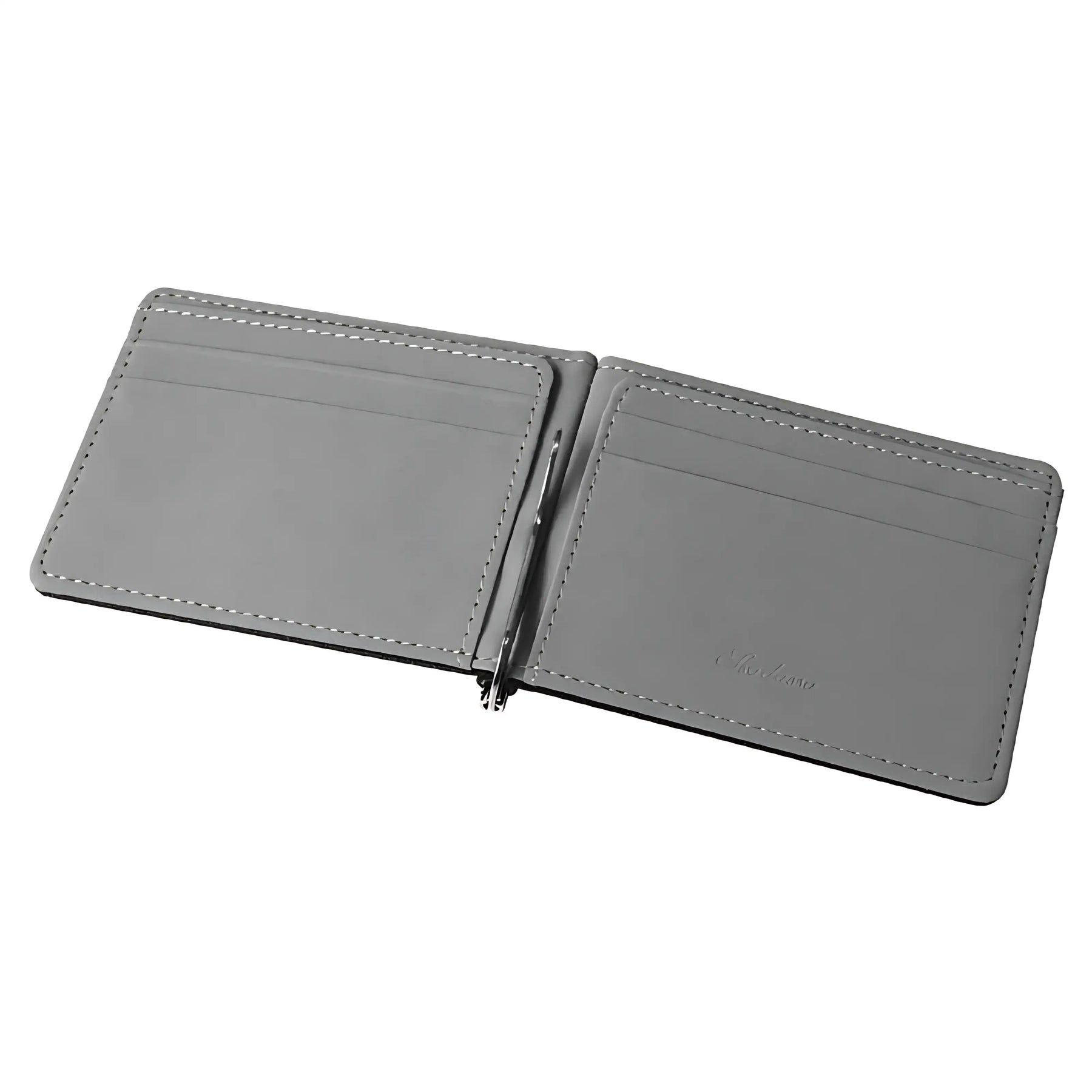 Carteira masculina cinza com compartimentos para cartões em material sintético.