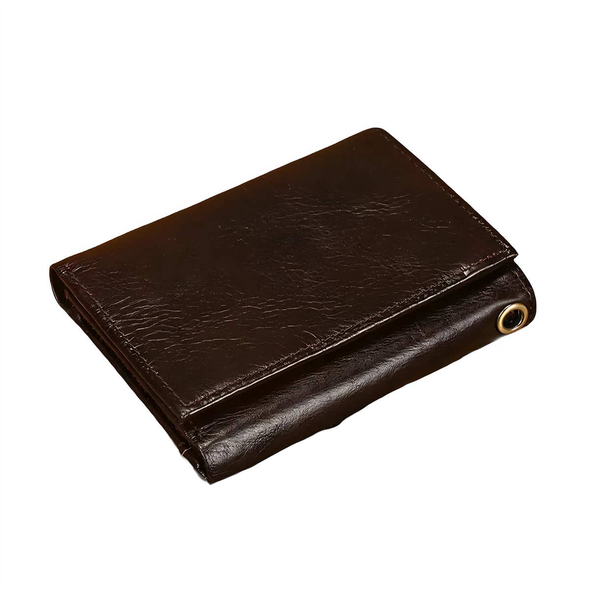 Carteira de couro marrom, compacta e estilosa, ideal para organizar documentos.