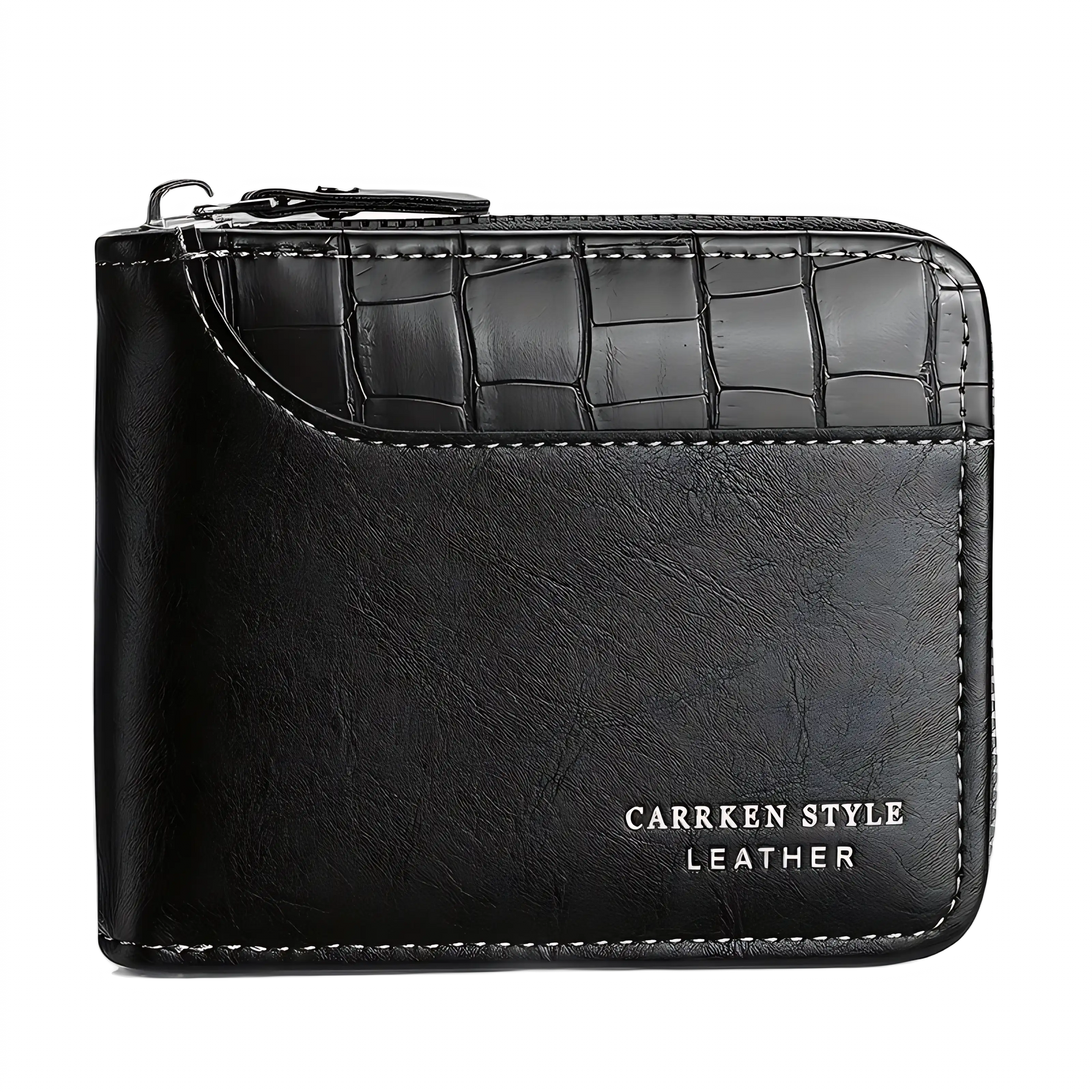 Carteira de couro preta com detalhes em crocodilo e zipper, estilo elegante e moderno.