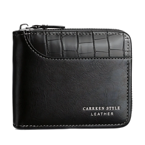 Carteira de couro preta com detalhes em crocodilo e zipper, estilo elegante e moderno.