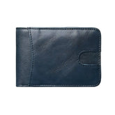 Carteira de couro azul escuro, elegante e compacta para cartões e documentos.