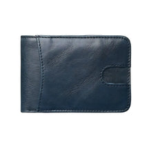 Carteira de couro azul escuro, elegante e compacta para cartões e documentos.