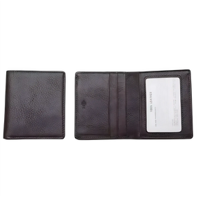 Carteira em couro preto, compacta, com vários compartimentos para cartões e documentos.