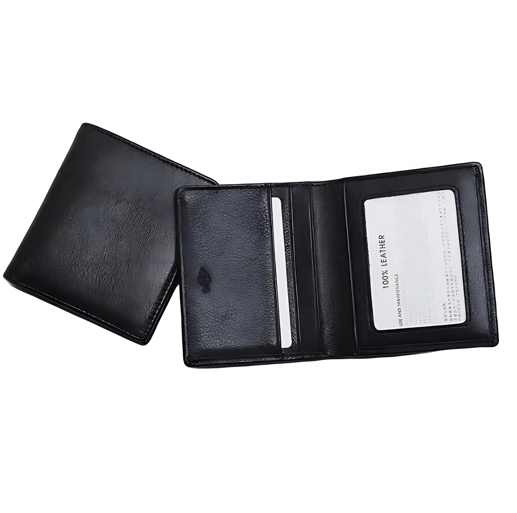Carteira masculina preta em couro legítimo, com espaço para cartões e documentos.