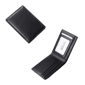 Carteira de couro preta com proteção RFID e compartimentos para cartões.