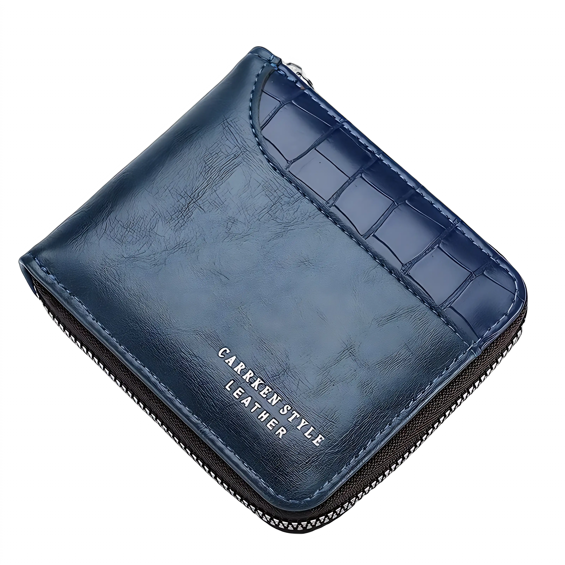 Porta-cartões de couro azul escuro, elegante e prático para uso diário.