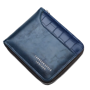 Porta-cartões de couro azul escuro, elegante e prático para uso diário.