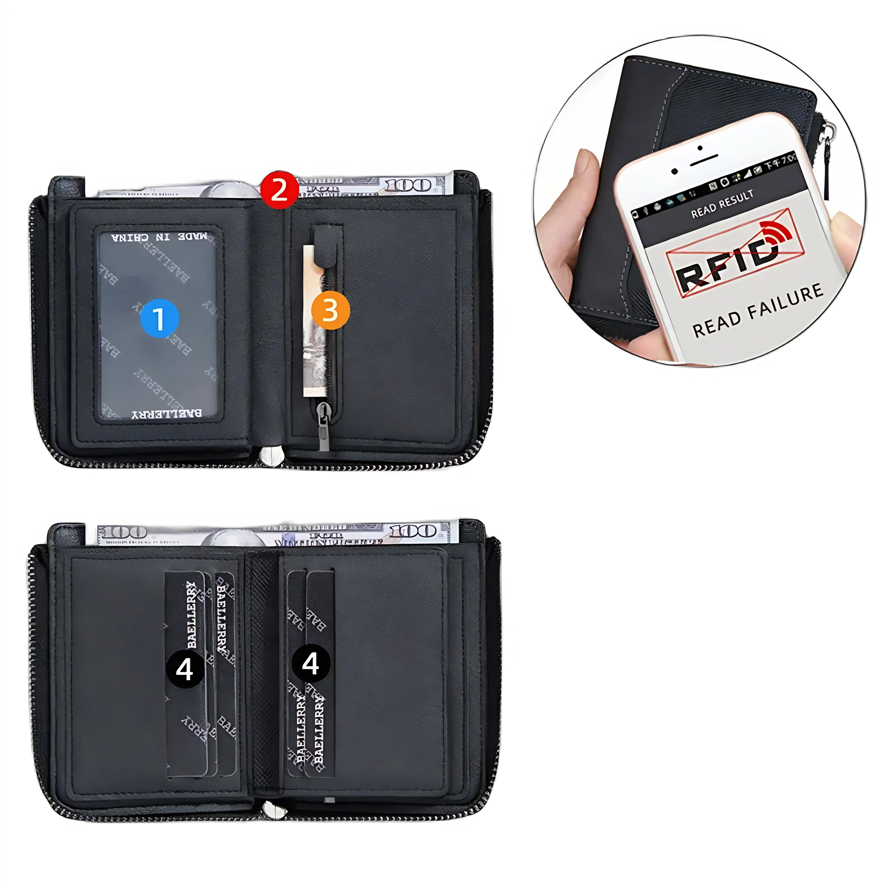 Carteira preta com proteção RFID, compartimentos para dinheiro e cartões.