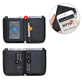 Carteira preta com proteção RFID, compartimentos para dinheiro e cartões.