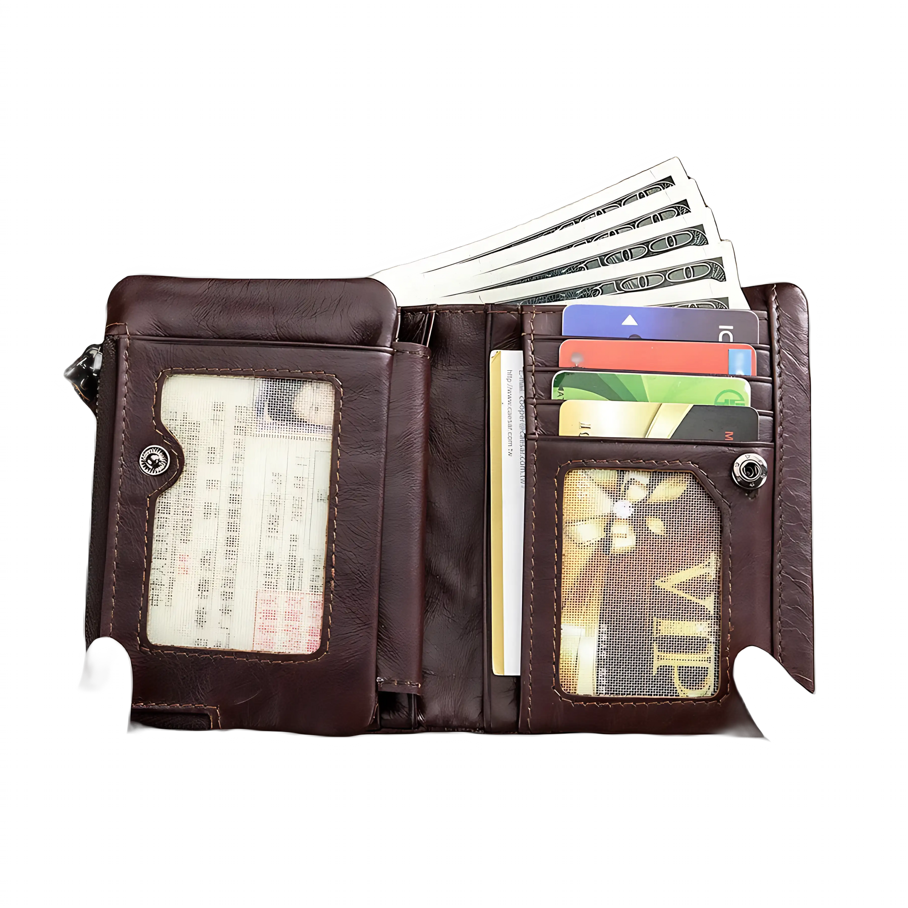 Carteira de couro marrom com espaços para cartões e documentos, elegante e funcional.