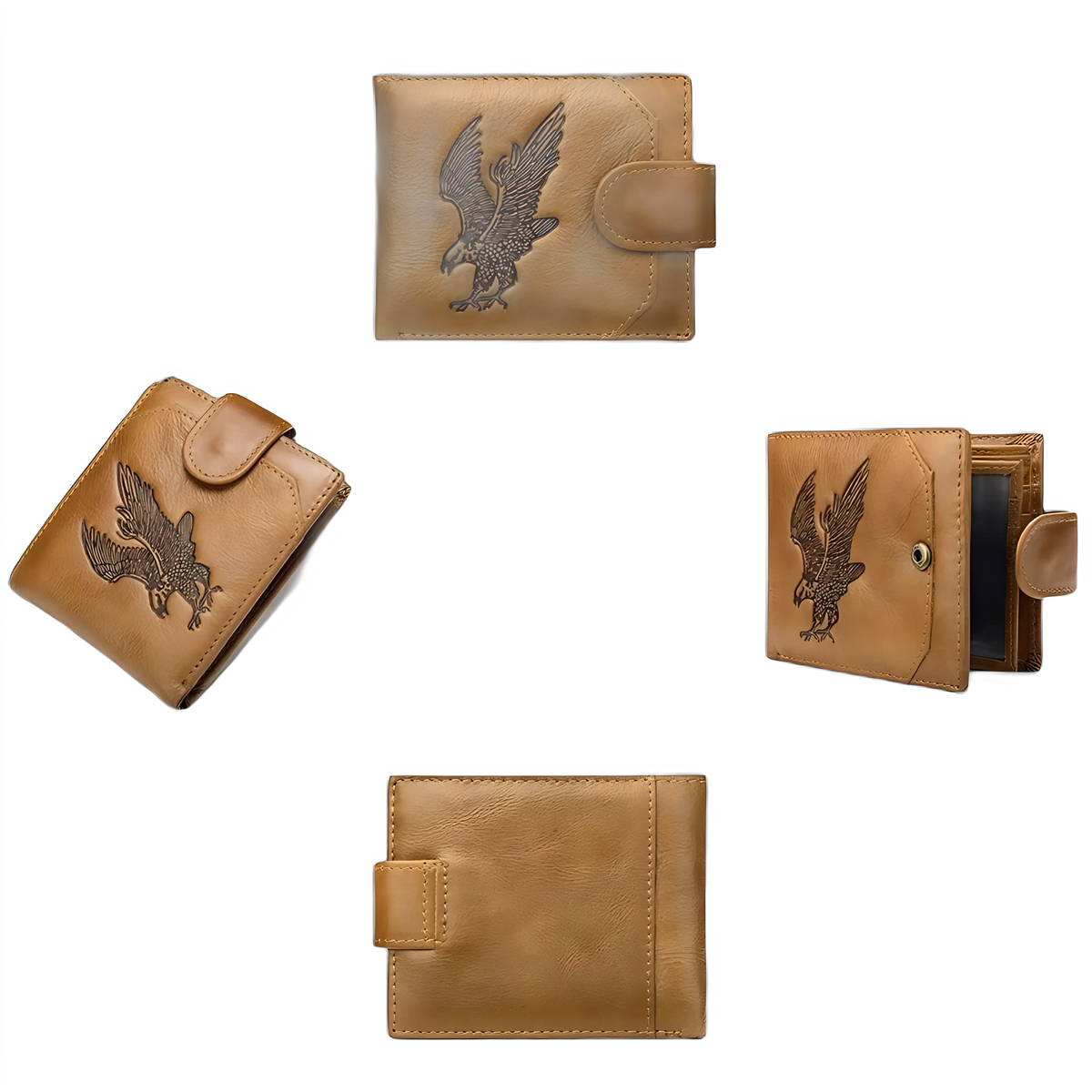 Carteira masculina marrom com design de águia em relevo, estilo moderno e elegante.