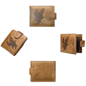 Carteira masculina marrom com design de águia em relevo, estilo moderno e elegante.