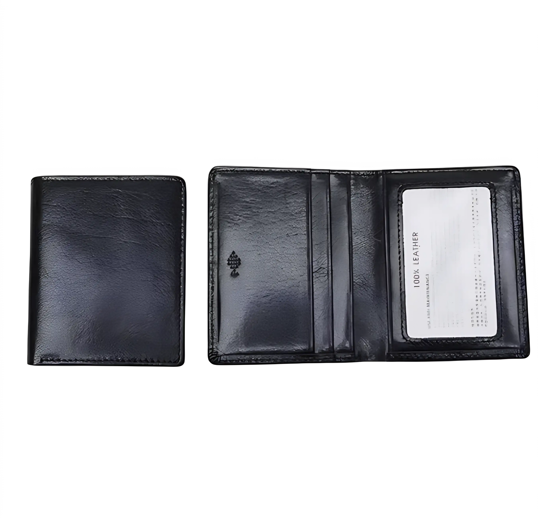 Carteira de couro preto compacta com diversos compartimentos para cartões.