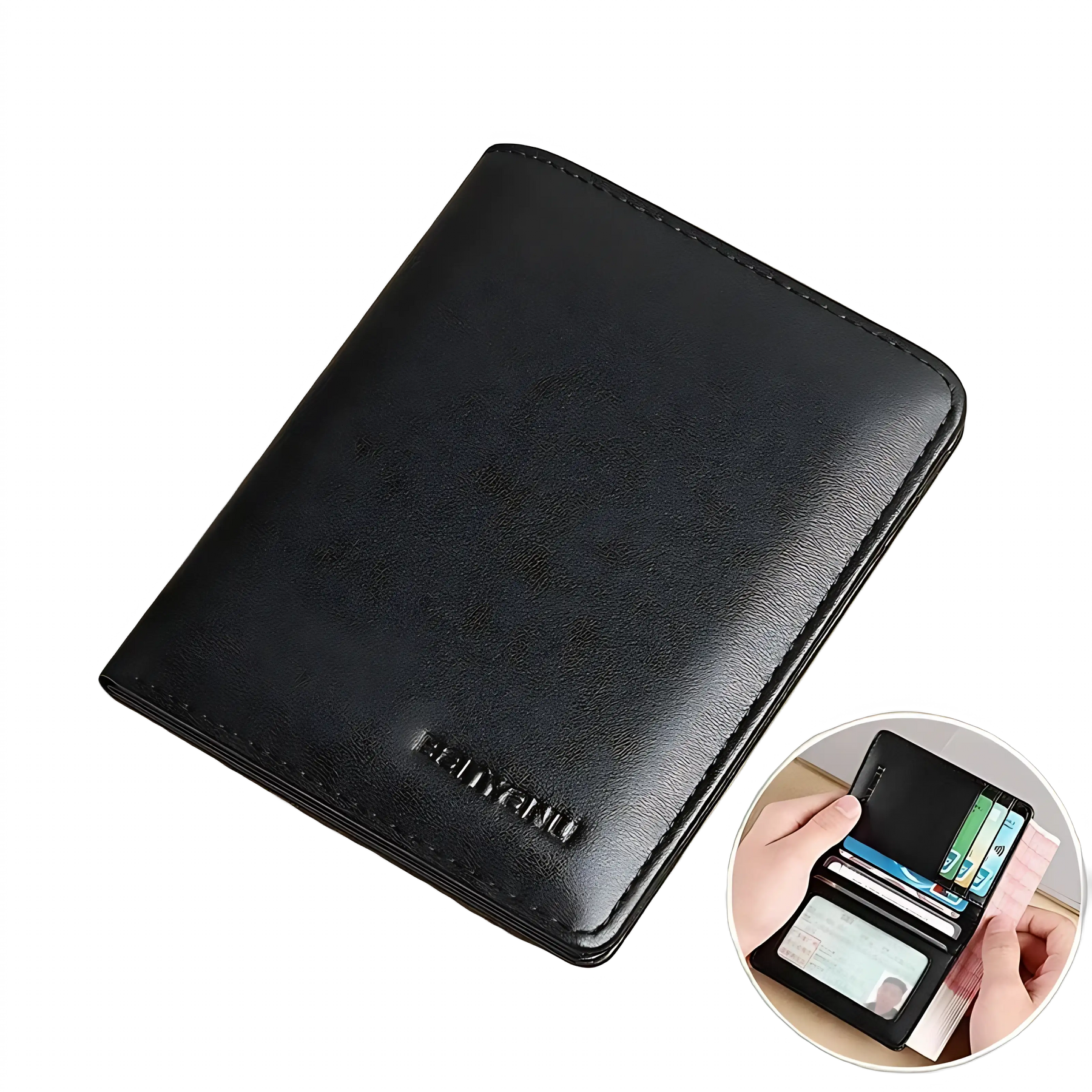Carteira de couro preta com proteção RFID e 7 compartimentos para cartões.