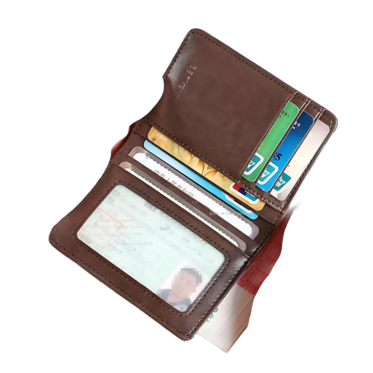 Carteira marrom com compartimentos para cartões e identificação, estilo prático.