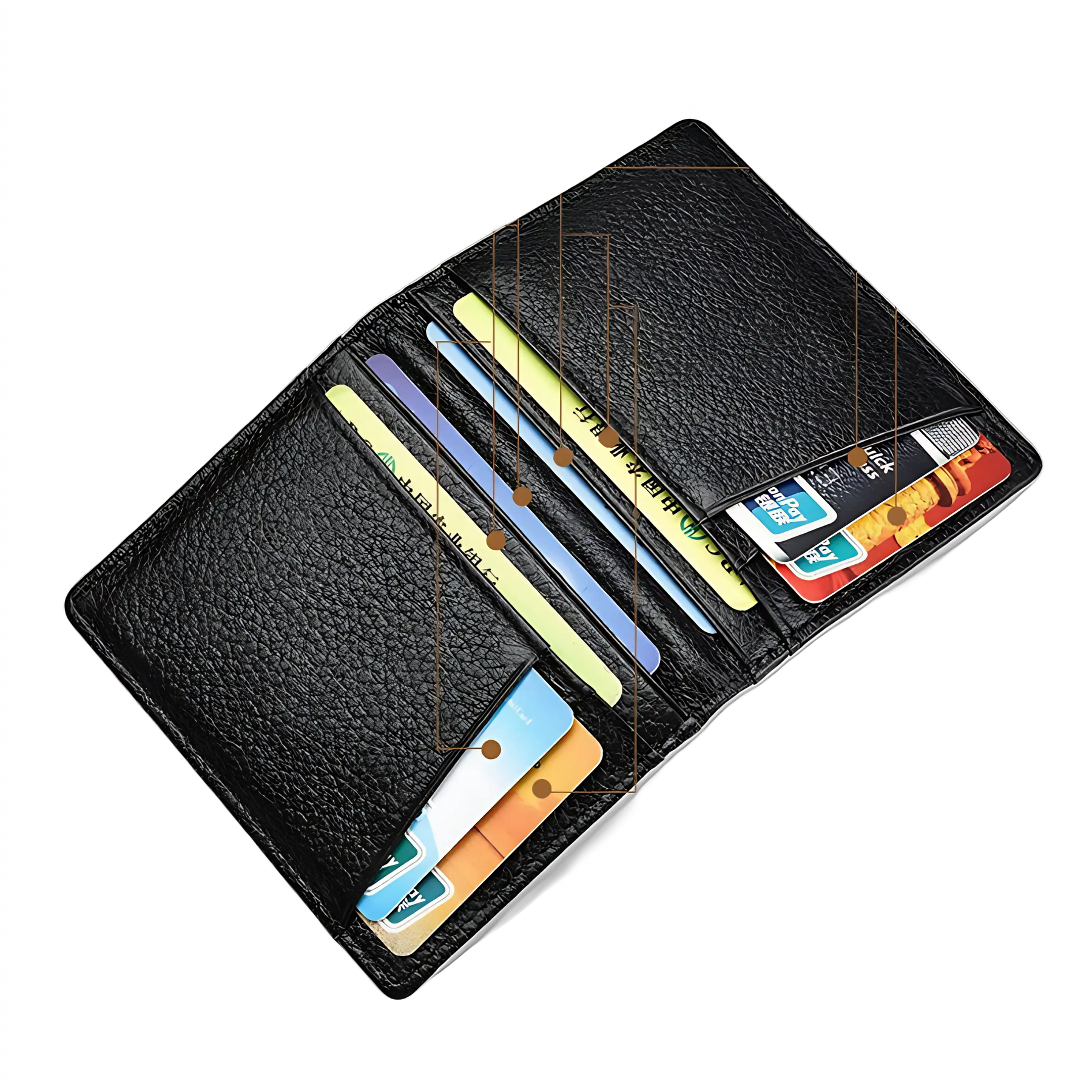 Porta-cartões preto com 8 slots para guardar cartões de crédito e identificação.