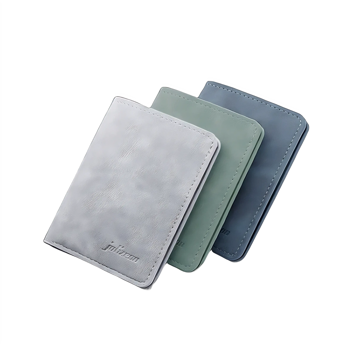 Carteiras em tons cinza, verde e azul, elegantes e compactas para uso diário.