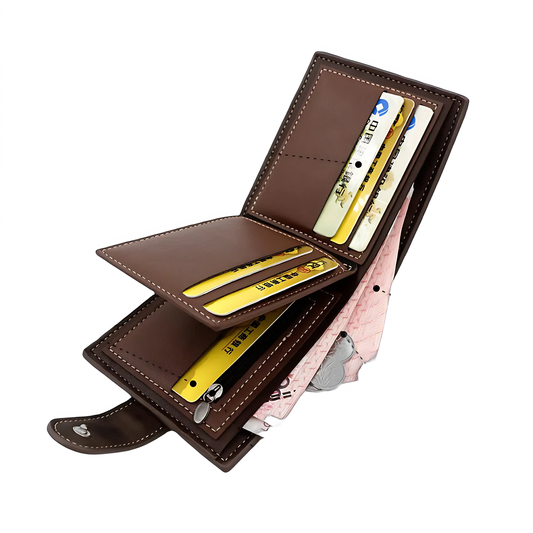 Carteira marrom em couro com compartimentos para cartões, cash e moedas.