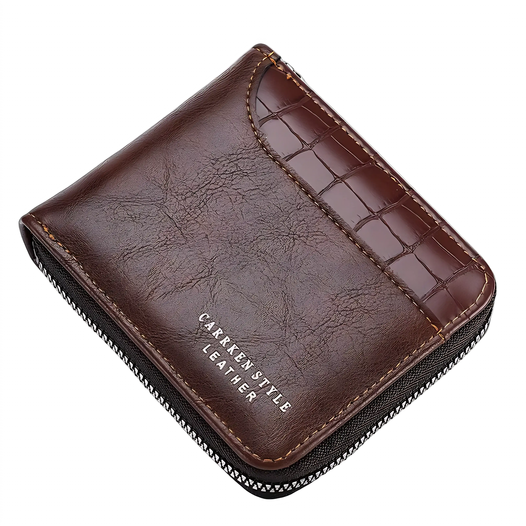 Carteira de couro marrom com zíper e textura Croco, ideal para cartões e dinheiro.