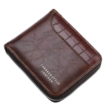 Carteira de couro marrom com zíper e textura Croco, ideal para cartões e dinheiro.