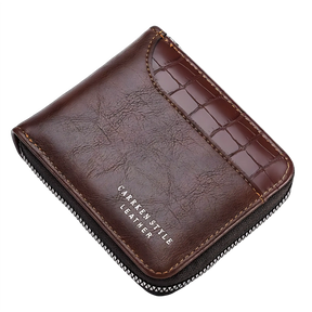 Carteira de couro marrom com zíper e textura Croco, ideal para cartões e dinheiro.