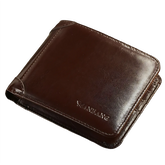 Carteira masculina marrom de couro com design elegante e logotipo discreto.
