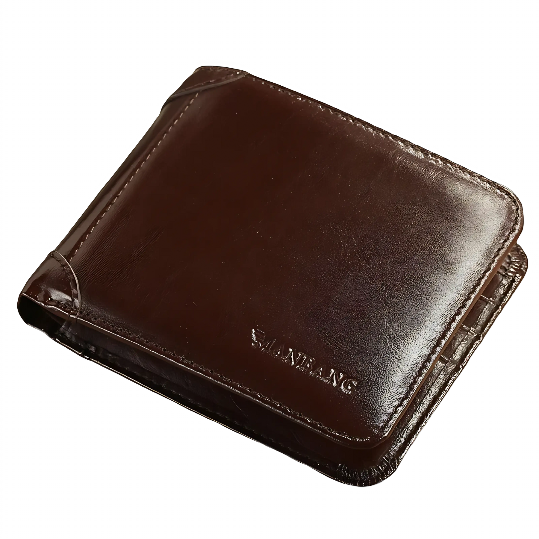 Carteira masculina marrom de couro com design elegante e logotipo discreto.