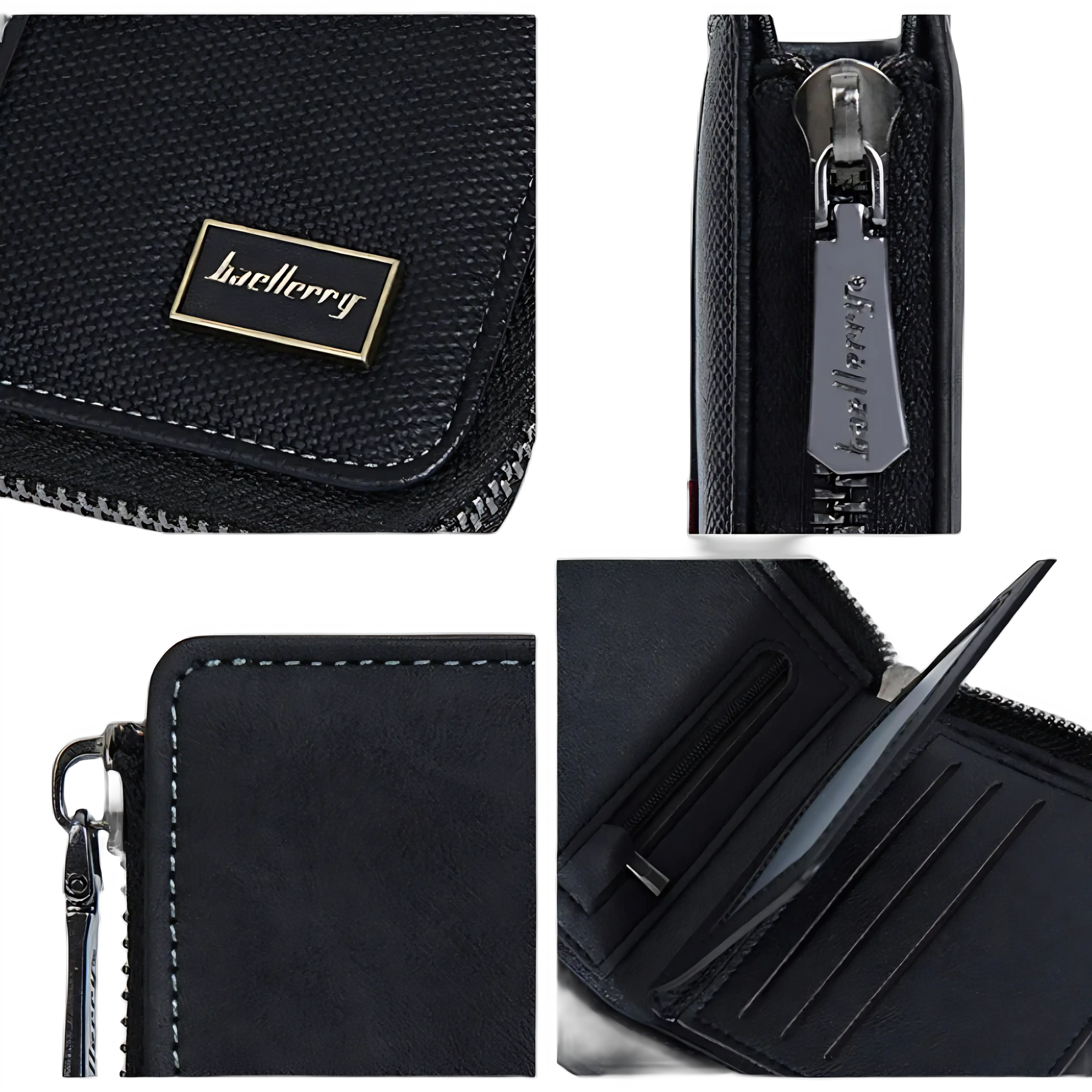 Carteira preta de couro com zíper e logo elegante, ideal para organização e estilo.