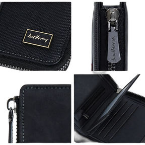 Carteira preta de couro com zíper e logo elegante, ideal para organização e estilo.