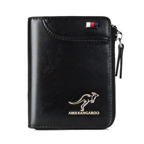 Carteira preta AIKS KANGAROO em couro, com zipper e design elegante.