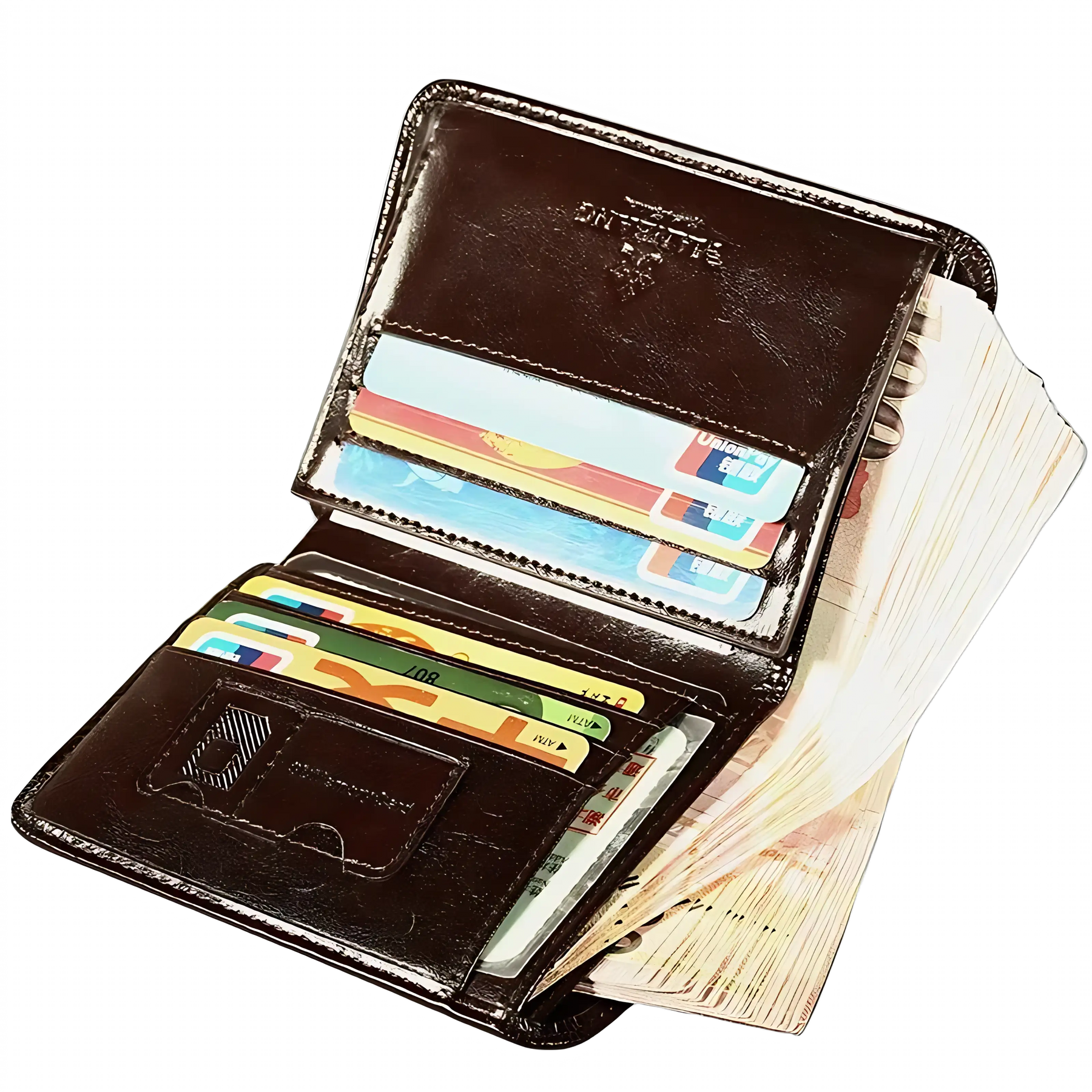 Carteira de couro preta com compartimentos para cartões e cédulas.
