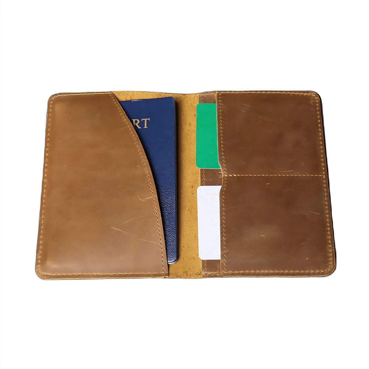 Porta-cartões de couro marrom, ideal para passaporte e cartões de crédito.