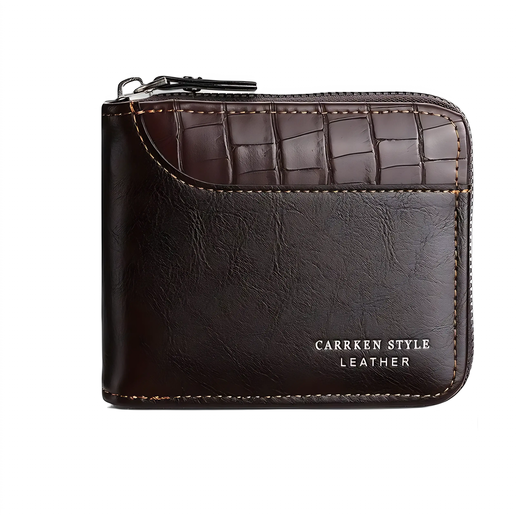 Carteira masculina de couro marrom com zíper e estilo crocodilo.