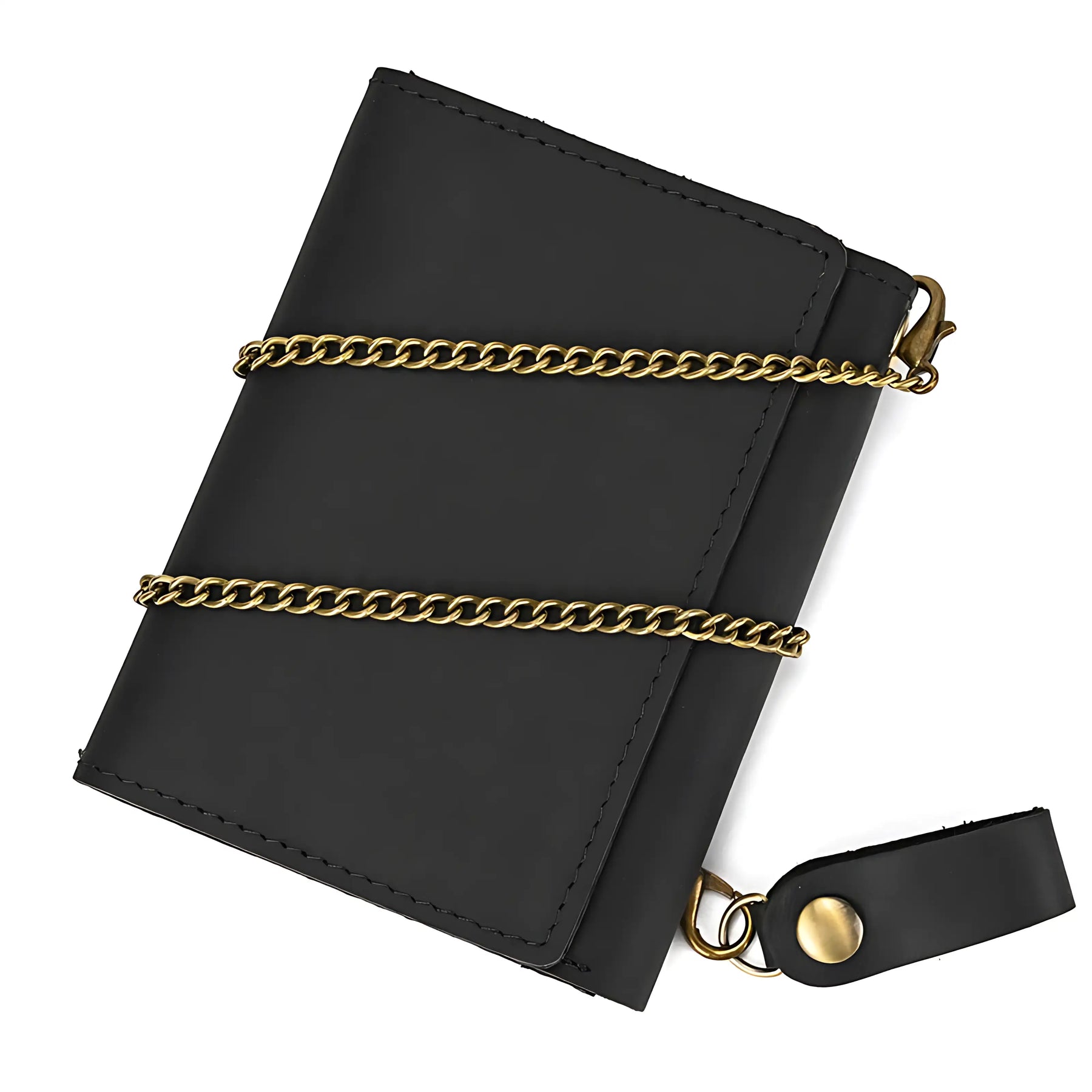 Carteira preta com corrente dourada, design elegante e moderno para mulheres.