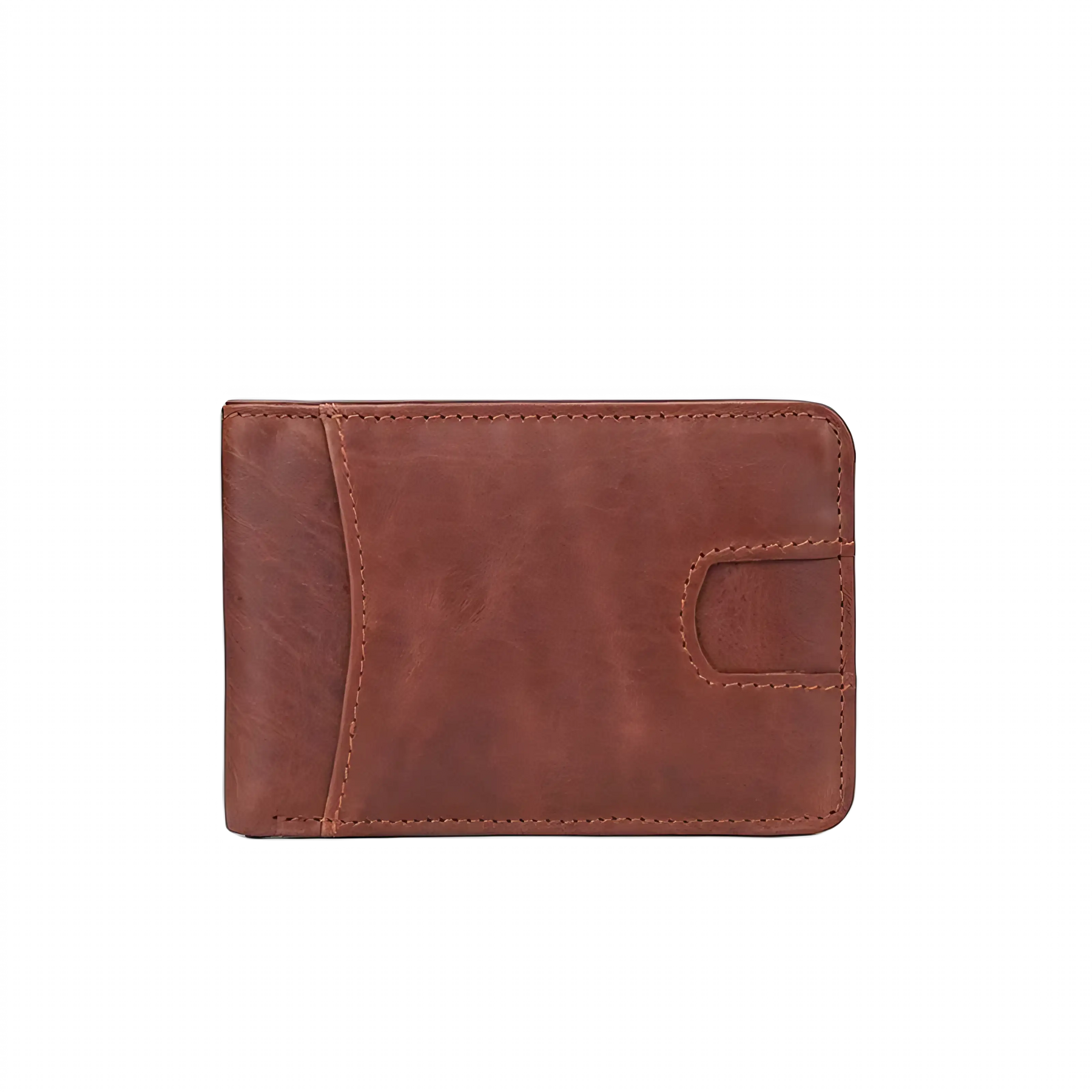 Carteira de couro marrom, compacta, ideal para cartões e dinheiro, estilo elegante.