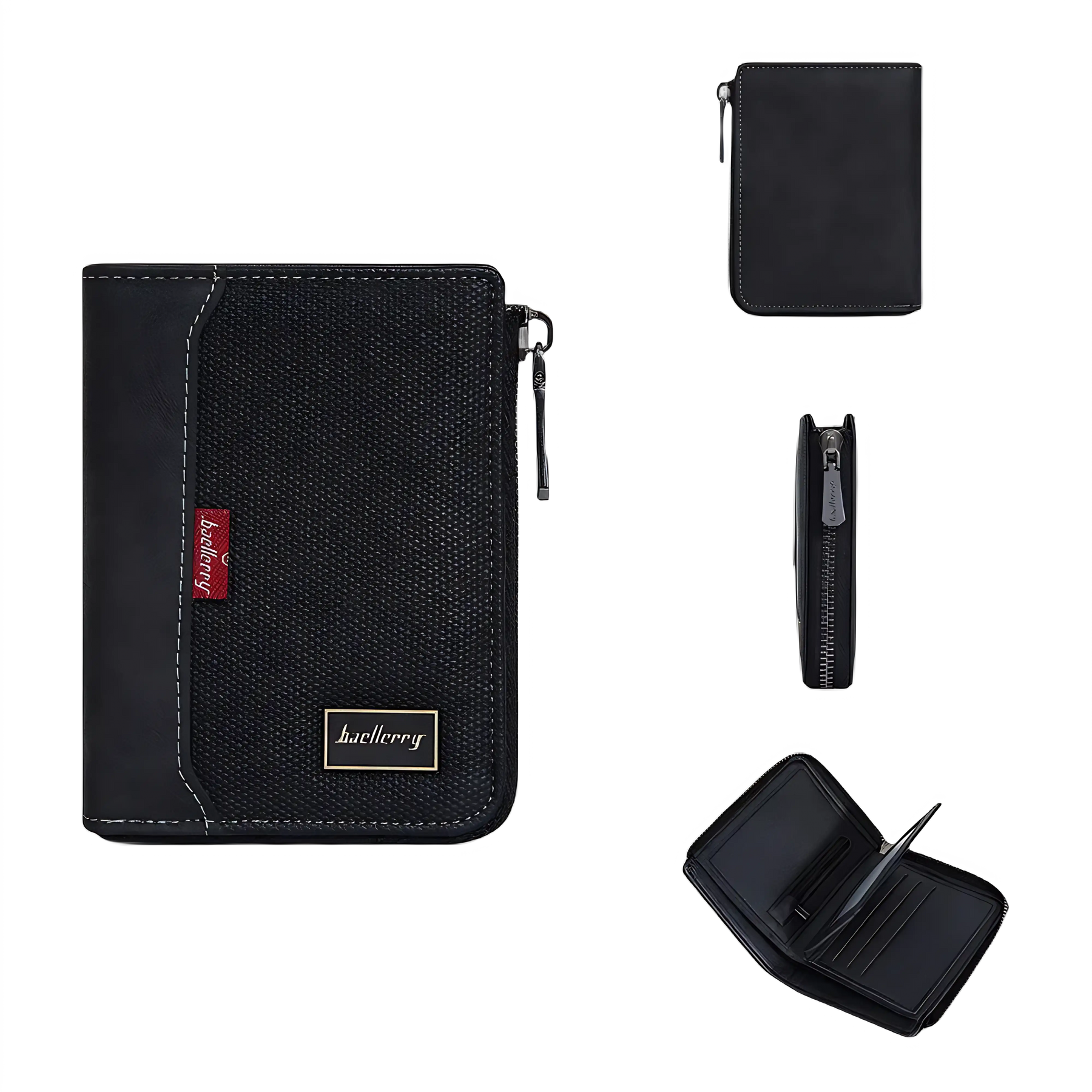 Carteira masculina preta compacta com zíper e design elegante