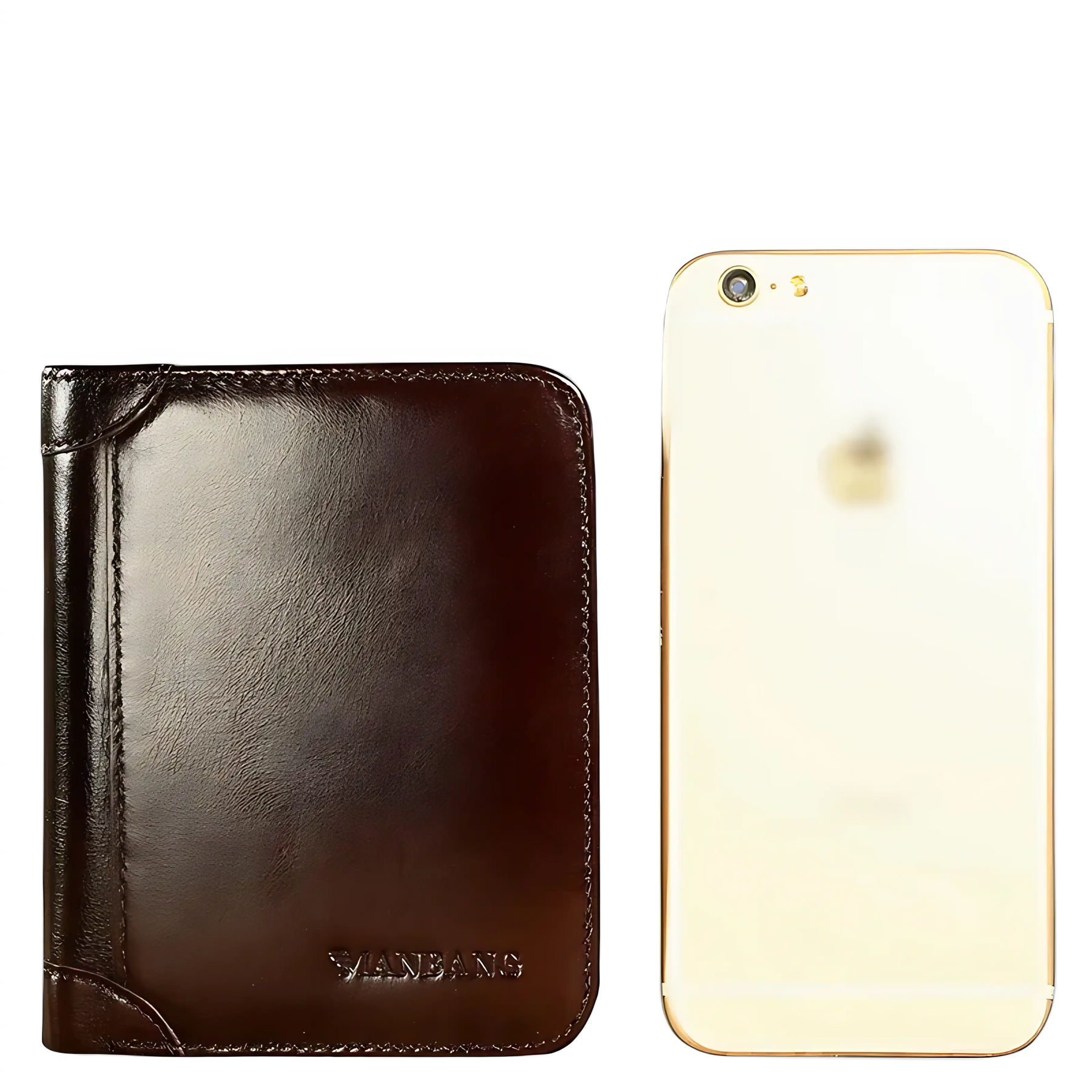 Carteira de couro marrom da marca Manbang ao lado de um smartphone dourado.