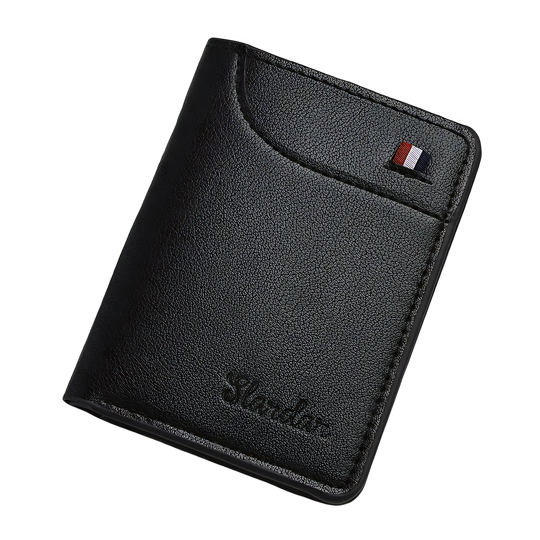 Carteira de couro preta, compacta e elegante, ideal para organização de cartões.