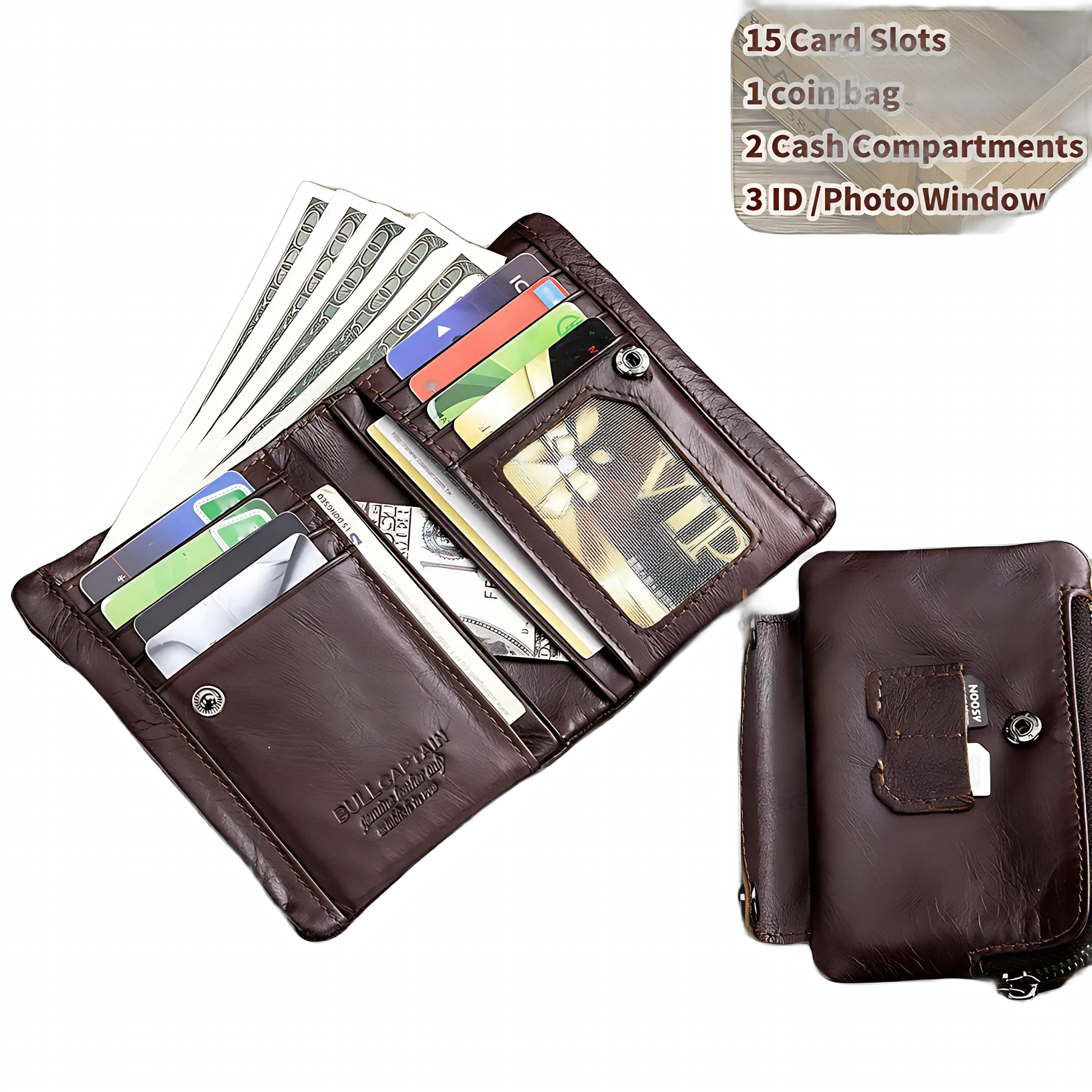 Carteira masculina marrom com 15 slots para cartões e compartimentos para dinheiro.