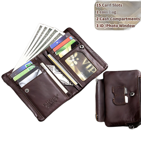 Carteira masculina marrom com 15 slots para cartões e compartimentos para dinheiro.