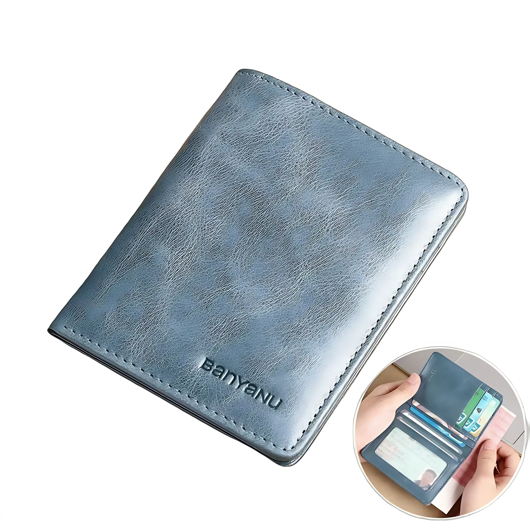 Carteira de couro azul vintage, compacta e com proteção RFID para cartões.