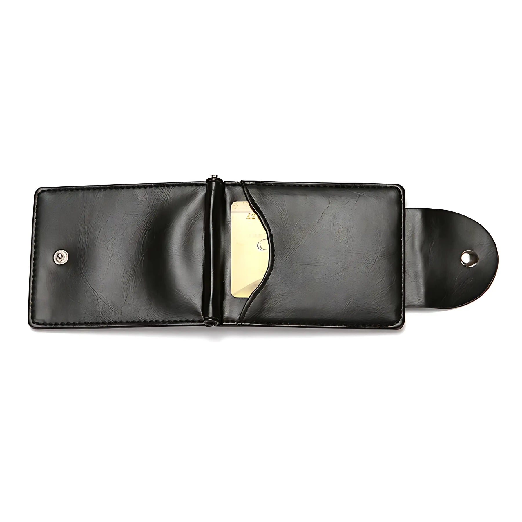 Porta-cartões de couro preto com destaque para slot de cartão interno.