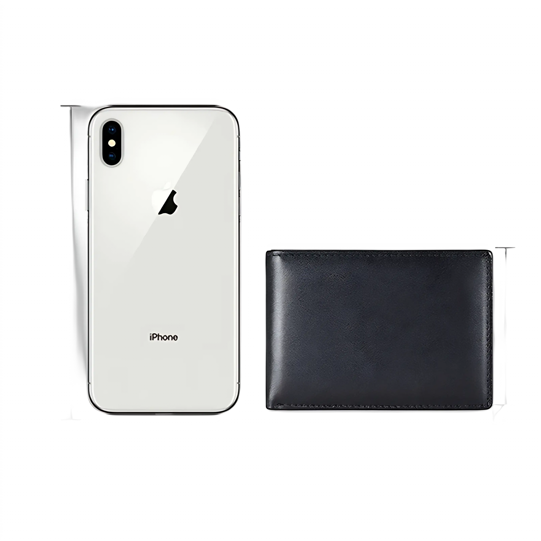 iPhone e carteira preta, dimensões visíveis em centímetros para comparativo.