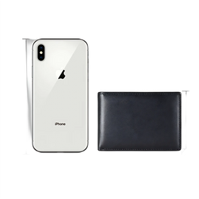 iPhone e carteira preta, dimensões visíveis em centímetros para comparativo.